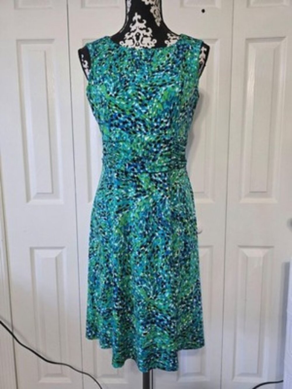 Laura Jeffries Dress Womens 8 Blue Green Geometric Sleeveless Fit Flare Ruched